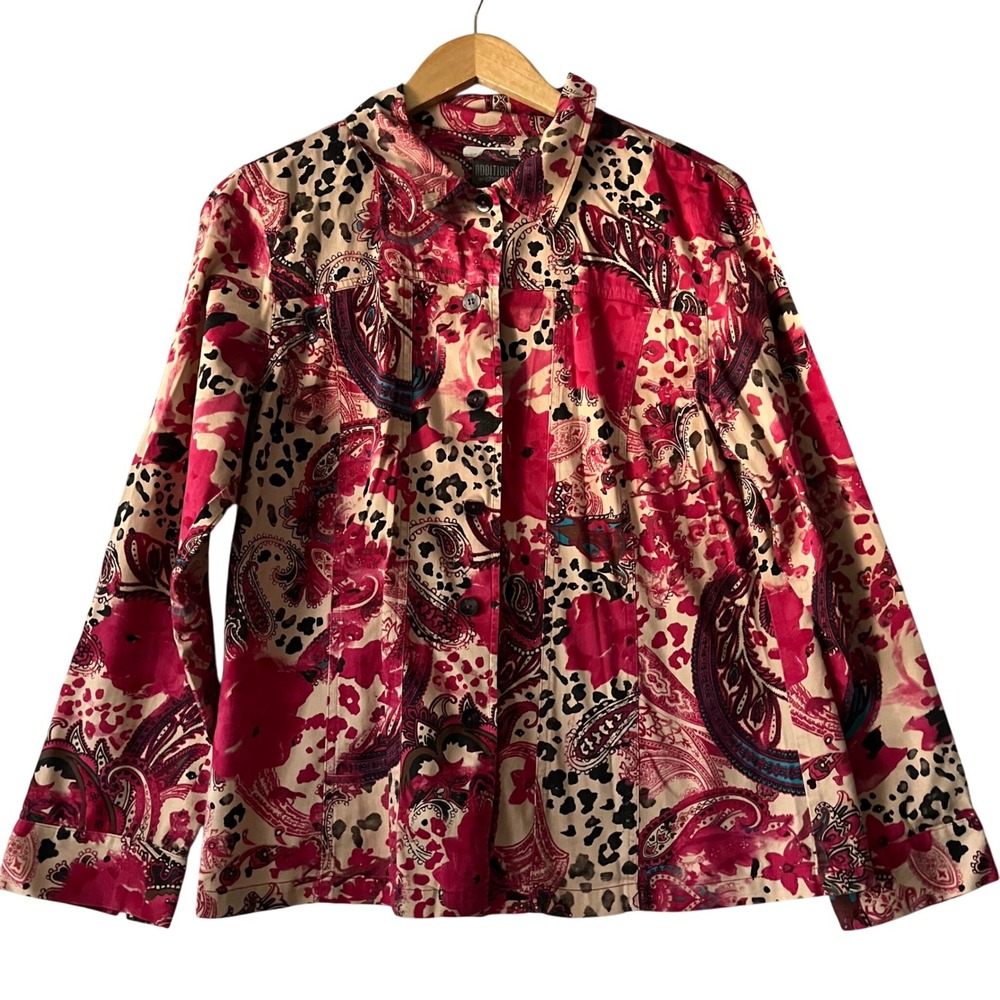 Additions by Chico's Floral Paisley‎ Leopard Print Button Down Top Jacket Sz 2